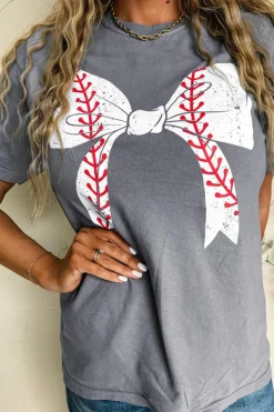 New Dear-Lover Baseball Bowknot Graphic Casual Tee Gray