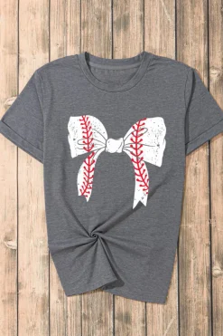 New Dear-Lover Baseball Bowknot Graphic Casual Tee Gray