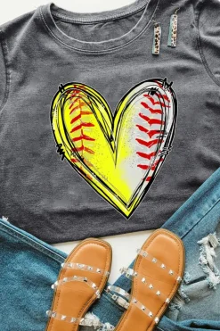 Sale Dear-Lover Baseball Heart Shape Print Crew Neck T Shirt Gray