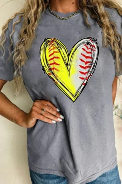 Sale Dear-Lover Baseball Heart Shape Print Crew Neck T Shirt Gray