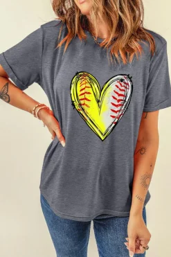 Sale Dear-Lover Baseball Heart Shape Print Crew Neck T Shirt Gray