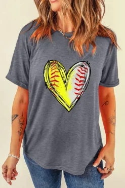 Sale Dear-Lover Baseball Heart Shape Print Crew Neck T Shirt Gray