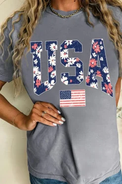 Clearance Dear-Lover Blooming USA Flag Print Casual T Shirt Gray