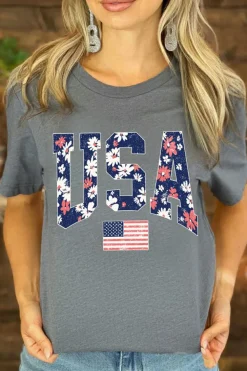 Clearance Dear-Lover Blooming USA Flag Print Casual T Shirt Gray