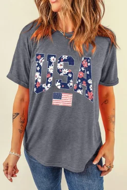 Clearance Dear-Lover Blooming USA Flag Print Casual T Shirt Gray