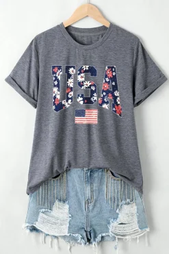 Clearance Dear-Lover Blooming USA Flag Print Casual T Shirt Gray