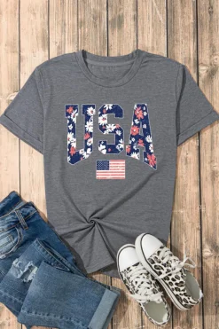 Clearance Dear-Lover Blooming USA Flag Print Casual T Shirt Gray