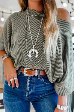 Sale Dear-Lover Boatneck Batwing Sleeve Cording Blouse Gray