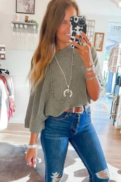 Sale Dear-Lover Boatneck Batwing Sleeve Cording Blouse Gray