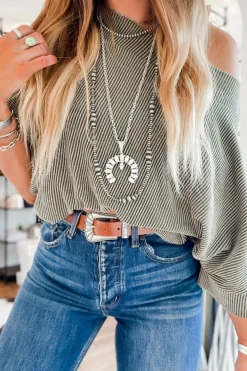 Sale Dear-Lover Boatneck Batwing Sleeve Cording Blouse Gray