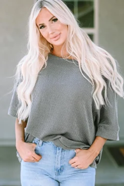 Sale Dear-Lover Boatneck Batwing Sleeve Cording Blouse Gray