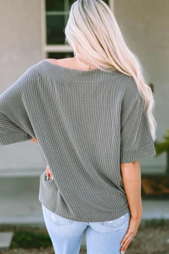 Sale Dear-Lover Boatneck Batwing Sleeve Cording Blouse Gray