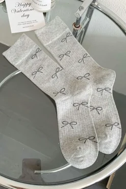 Hot Dear-Lover Bow Knot Print Ribbed Crew Socks Gray
