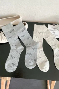 Hot Dear-Lover Bow Knot Print Ribbed Crew Socks Gray