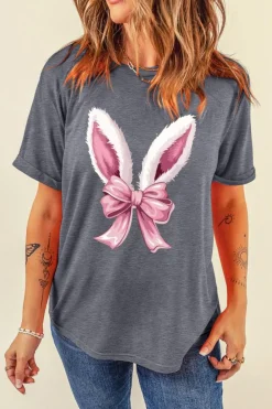 Best Dear-Lover Bunny Ear Bow Printed Easter Fashion T Shirt Gray