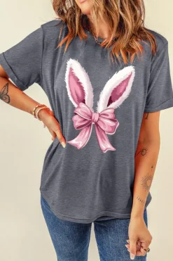Best Dear-Lover Bunny Ear Bow Printed Easter Fashion T Shirt Gray