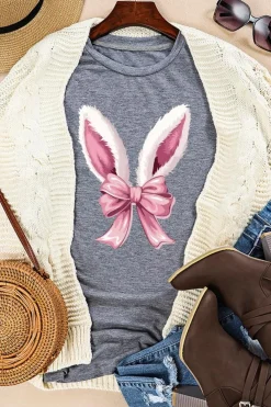 Best Dear-Lover Bunny Ear Bow Printed Easter Fashion T Shirt Gray