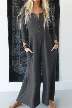 Discount Dear-Lover Button Long Sleeve Wide Leg Jumpsuit Gray