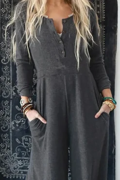 Discount Dear-Lover Button Long Sleeve Wide Leg Jumpsuit Gray
