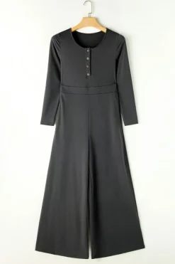 Discount Dear-Lover Button Long Sleeve Wide Leg Jumpsuit Gray