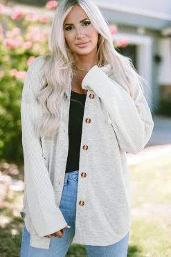 Hot Dear-Lover Button Up Contrast Knitted Sleeves Hooded Jacket Gray