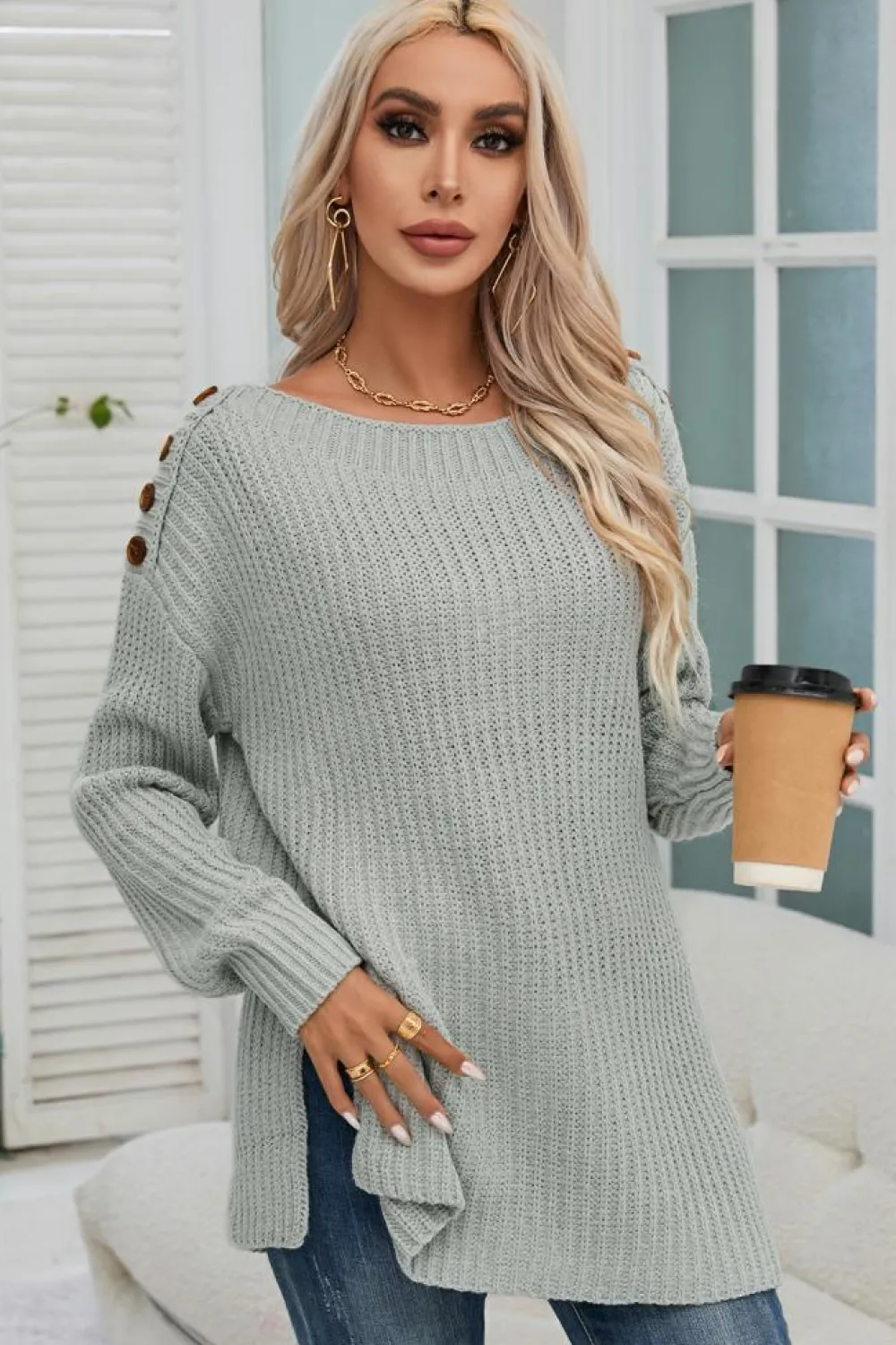 Online Dear-Lover Buttoned Drop Shoulder Oversized Sweater Gray