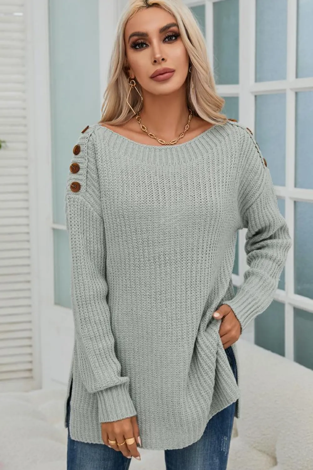 Online Dear-Lover Buttoned Drop Shoulder Oversized Sweater Gray