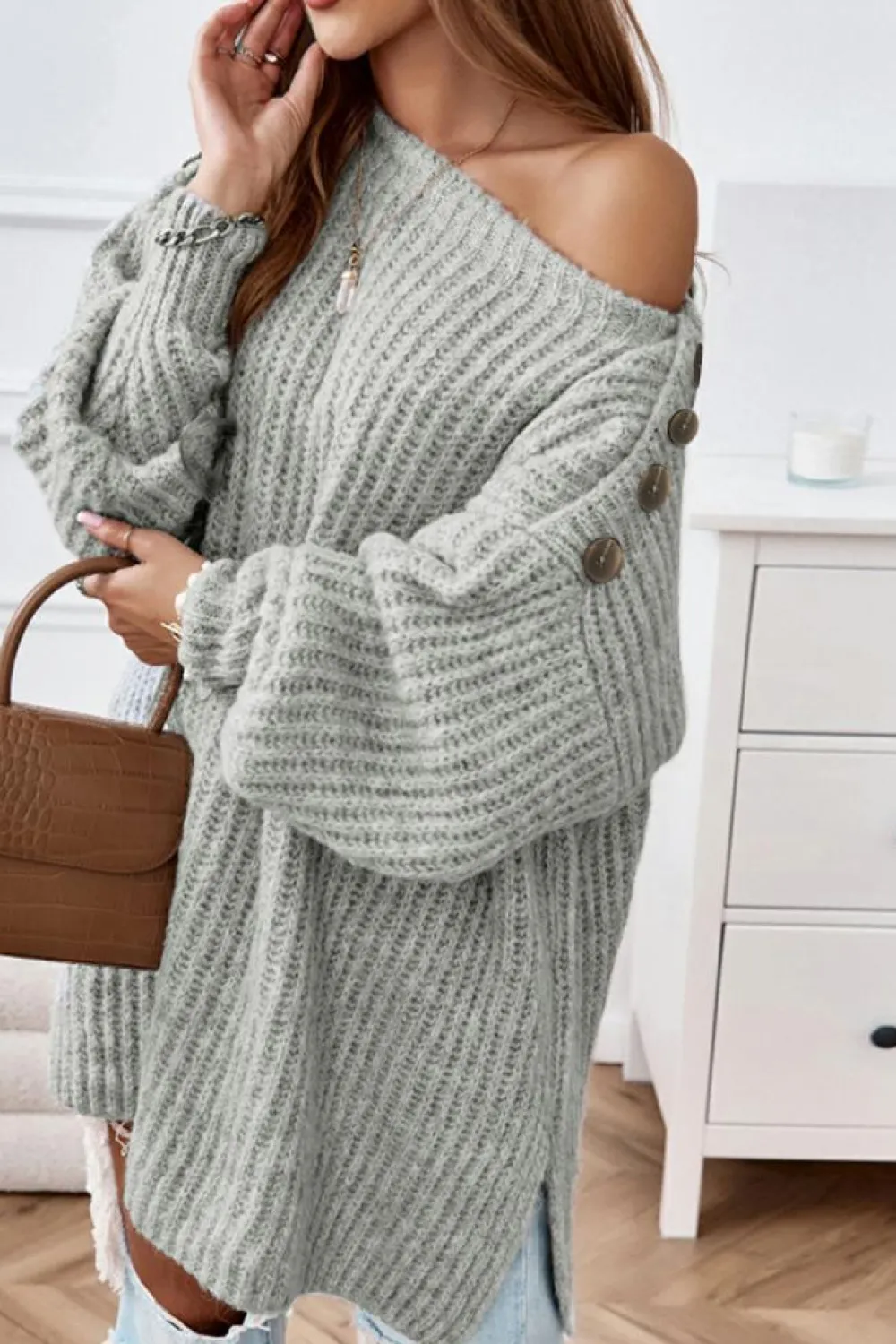 Online Dear-Lover Buttoned Drop Shoulder Oversized Sweater Gray
