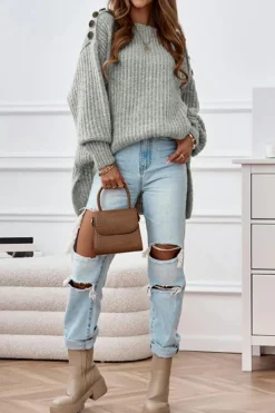 Online Dear-Lover Buttoned Drop Shoulder Oversized Sweater Gray