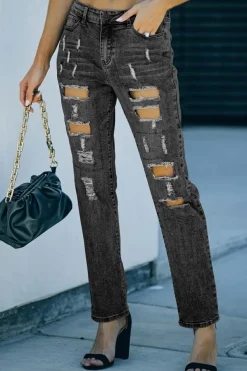 Clearance Dear-Lover Buttoned Pockets Distressed Jeans Gray