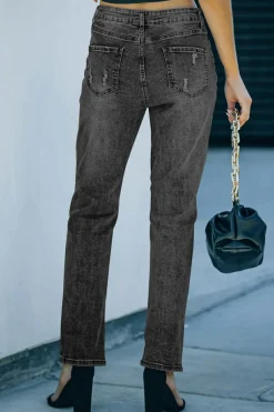 Clearance Dear-Lover Buttoned Pockets Distressed Jeans Gray