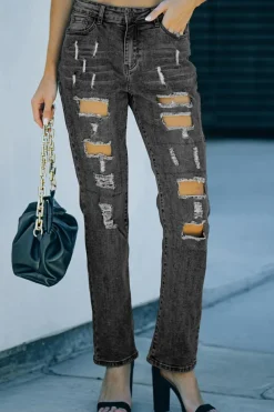Clearance Dear-Lover Buttoned Pockets Distressed Jeans Gray