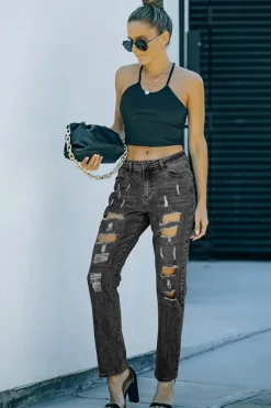 Clearance Dear-Lover Buttoned Pockets Distressed Jeans Gray