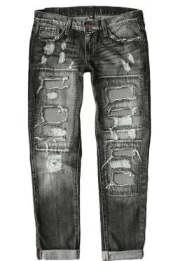 Clearance Dear-Lover Buttoned Pockets Distressed Jeans Gray