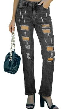 Clearance Dear-Lover Buttoned Pockets Distressed Jeans Gray