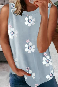 Sale Dear-Lover Casual Floral Crew Neck Tank Top Gray
