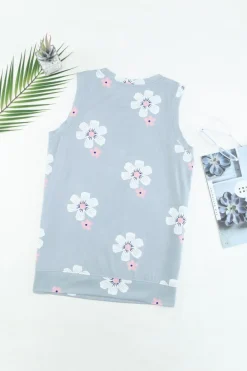 Sale Dear-Lover Casual Floral Crew Neck Tank Top Gray