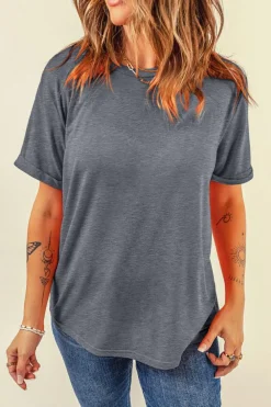 Discount Dear-Lover Casual Plain Crew Neck Tee Gray