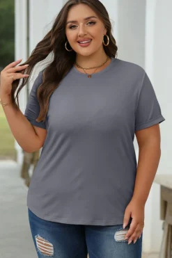 Discount Dear-Lover Casual Plain Crew Neck Tee Gray