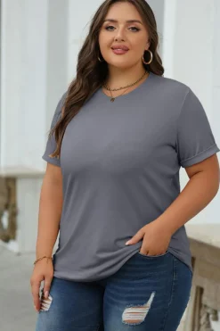 Discount Dear-Lover Casual Plain Crew Neck Tee Gray