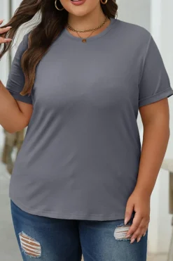 Discount Dear-Lover Casual Plain Crew Neck Tee Gray