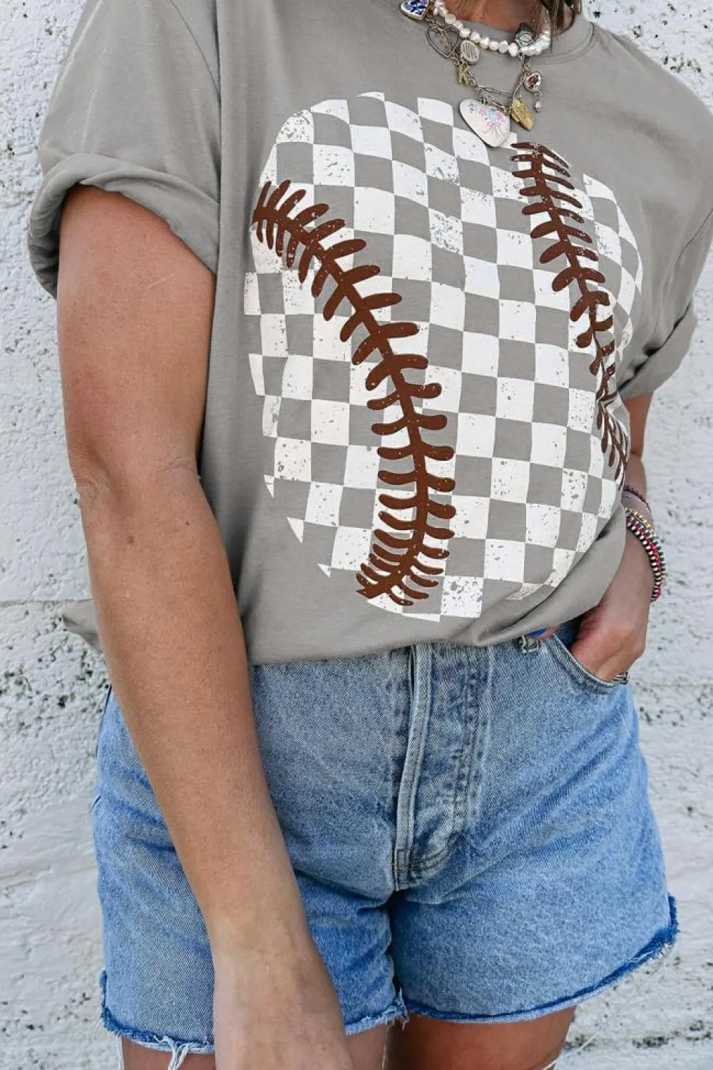 Best Dear-Lover Checkered Baseball Graphic Tee Gray