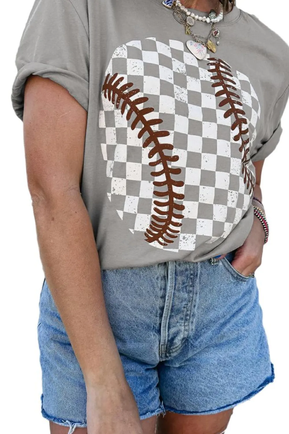 Best Dear-Lover Checkered Baseball Graphic Tee Gray
