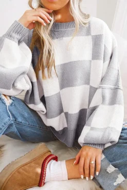 Sale Dear-Lover Checkered Bishop Sleeve Sweater Gray