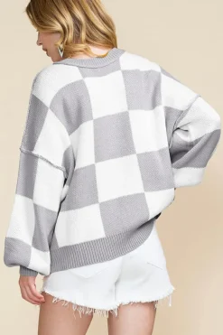 Sale Dear-Lover Checkered Bishop Sleeve Sweater Gray