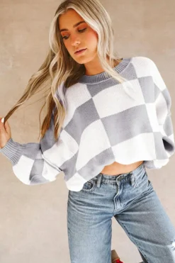 Sale Dear-Lover Checkered Bishop Sleeve Sweater Gray