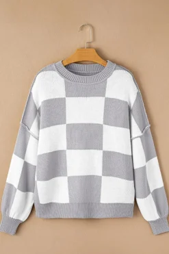 Sale Dear-Lover Checkered Bishop Sleeve Sweater Gray