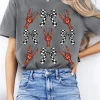 Outlet Dear-Lover Checkered Bow Crawfish Printed Summer Tee Gray