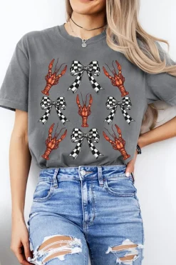 Outlet Dear-Lover Checkered Bow Crawfish Printed Summer Tee Gray