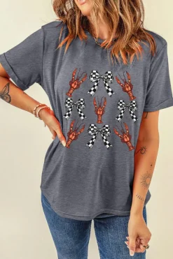 Outlet Dear-Lover Checkered Bow Crawfish Printed Summer Tee Gray